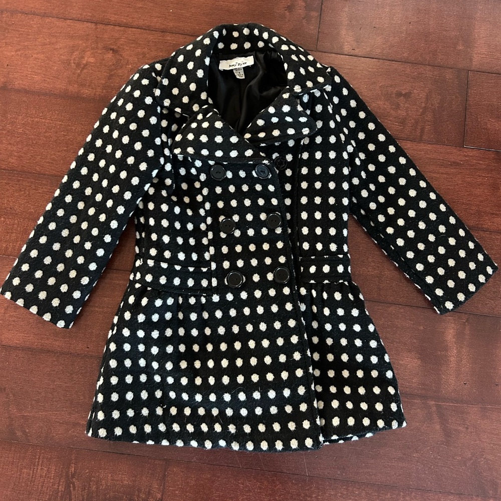 Black and white polkadot pea coat
